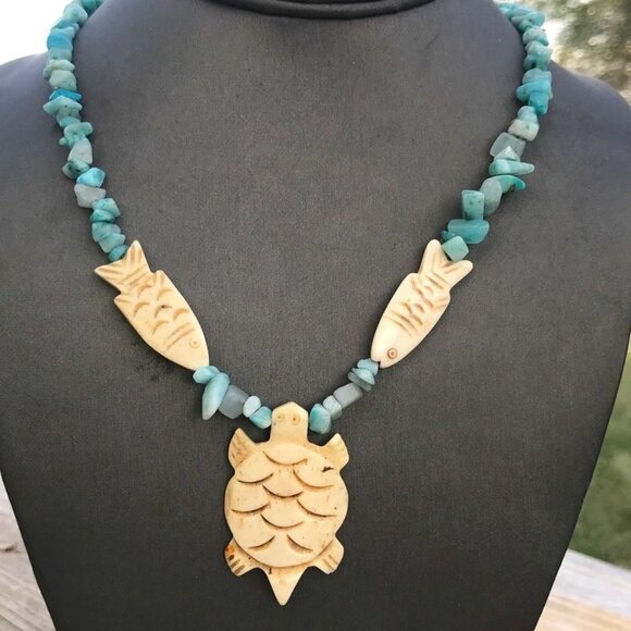 Southwestern Amazonite Gemstone Necklace Handmade Fish Pendant Silver Turtle - Picture 1 of 9